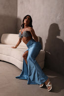 Saia Longa Franzida com Abertura - Azul