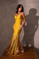Vestido Franzido com Franja - Ouro
