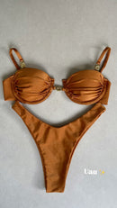 BIQUÍNI SANTORINI - Preto/ Off White/ Dourado escuro / Marrom