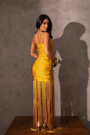 Vestido Franzido com Franja - Ouro