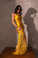 Vestido Franzido com Franja - Ouro