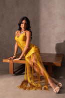 Vestido Franzido com Franja - Ouro
